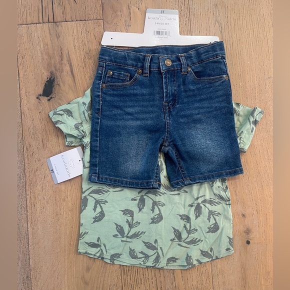 NWT Koala Kids Toddler Boy Hawaiian Green Shirt Short Jean Set 2 piece Button Up - Picture 2 of 4